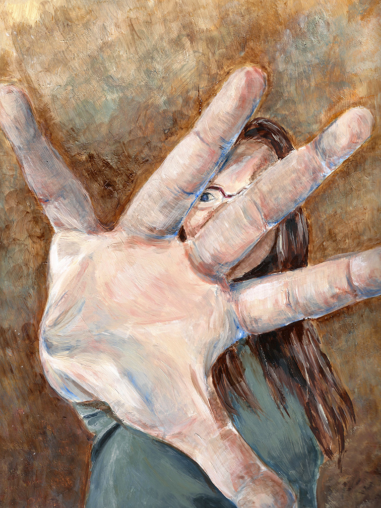 Artist's hand in front of their face